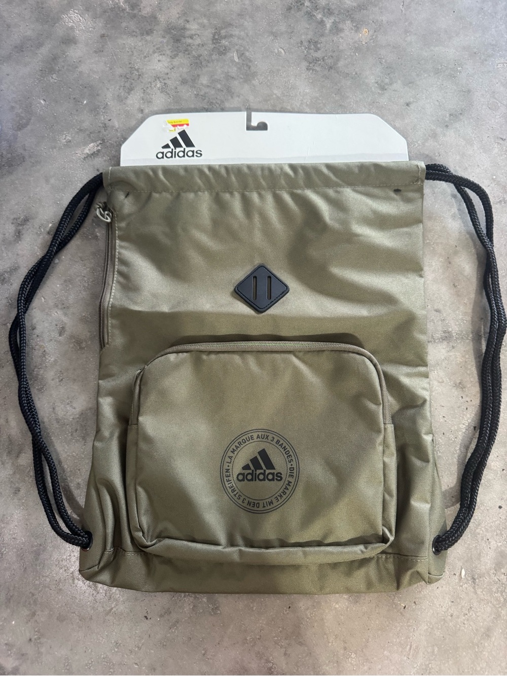 adidas Olive Drawstring Sackpack with Front Zip Pocket